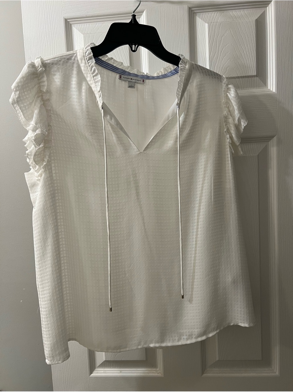 Tommy Hilfiger White Ruffle Sleeve Tie-Neck Blouse